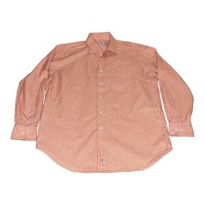 David Donahue Men's Orange Gingham Check Dress Shirt Long Sleeve Cotton XL